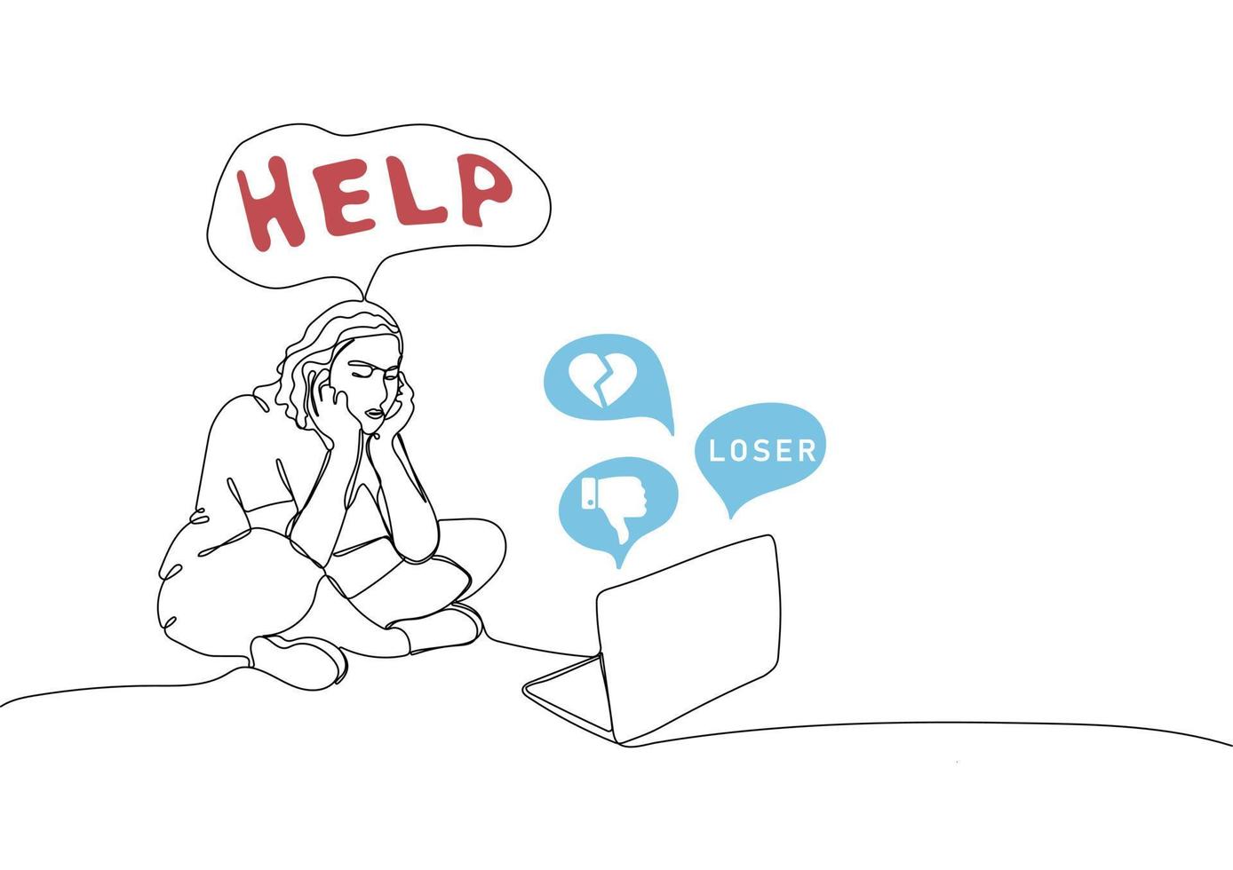 Cyberbullying concept, sad teenager in front of laptop need help vector