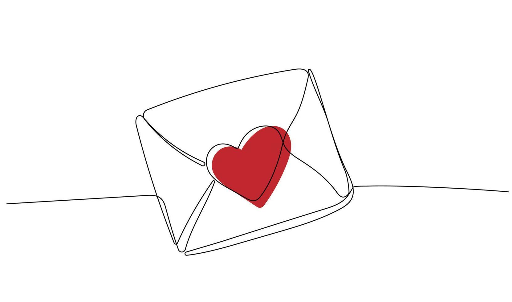 Continuous one line drawing of envelope with heart vector