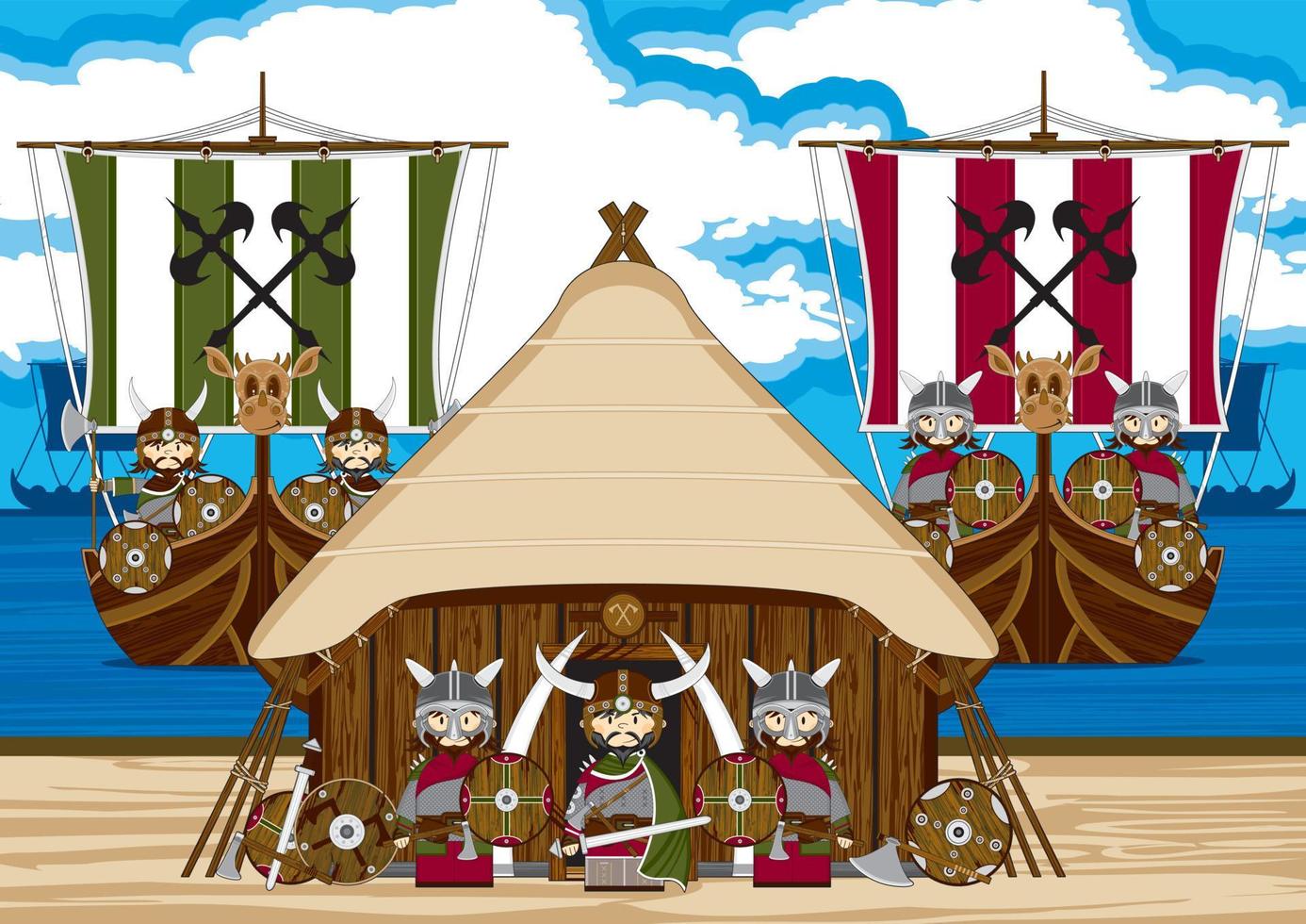Cartoon Viking Warriors on the Beach with Longboats Norse History Illustration vector
