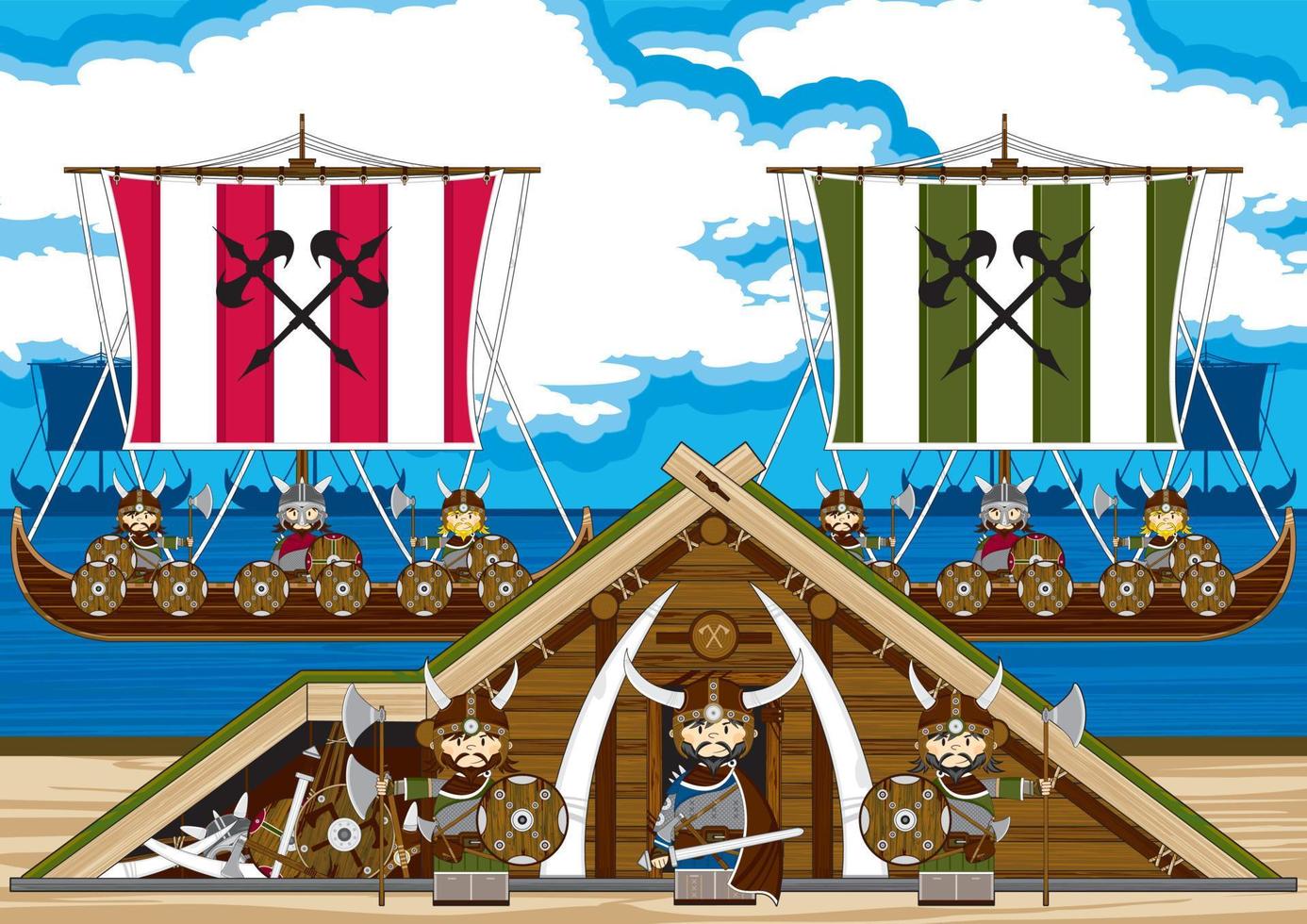 dibujos animados vikingo guerreros en el playa con lanchas nórdico historia ilustración vector