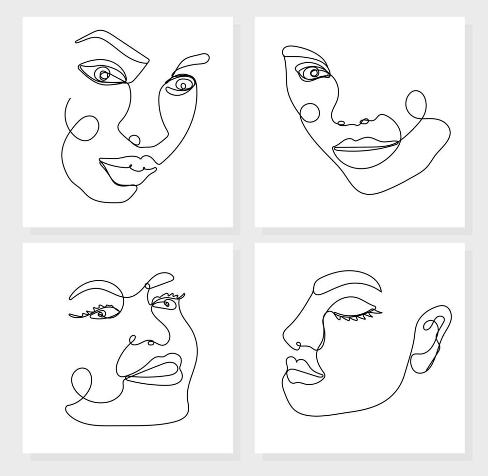 Continuous one line drawing of woman faces on white background vector