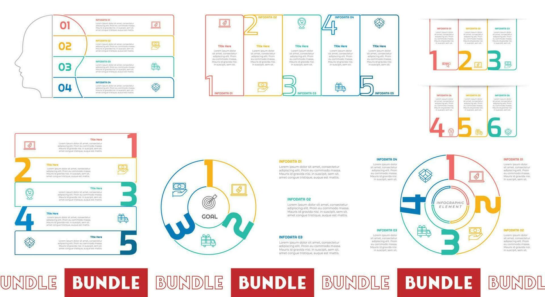 Infographic bundle set with 3, 4, 5, 6, 8 steps, options or processes for workflow layout, diagram, annual report, presentation and web design. vector