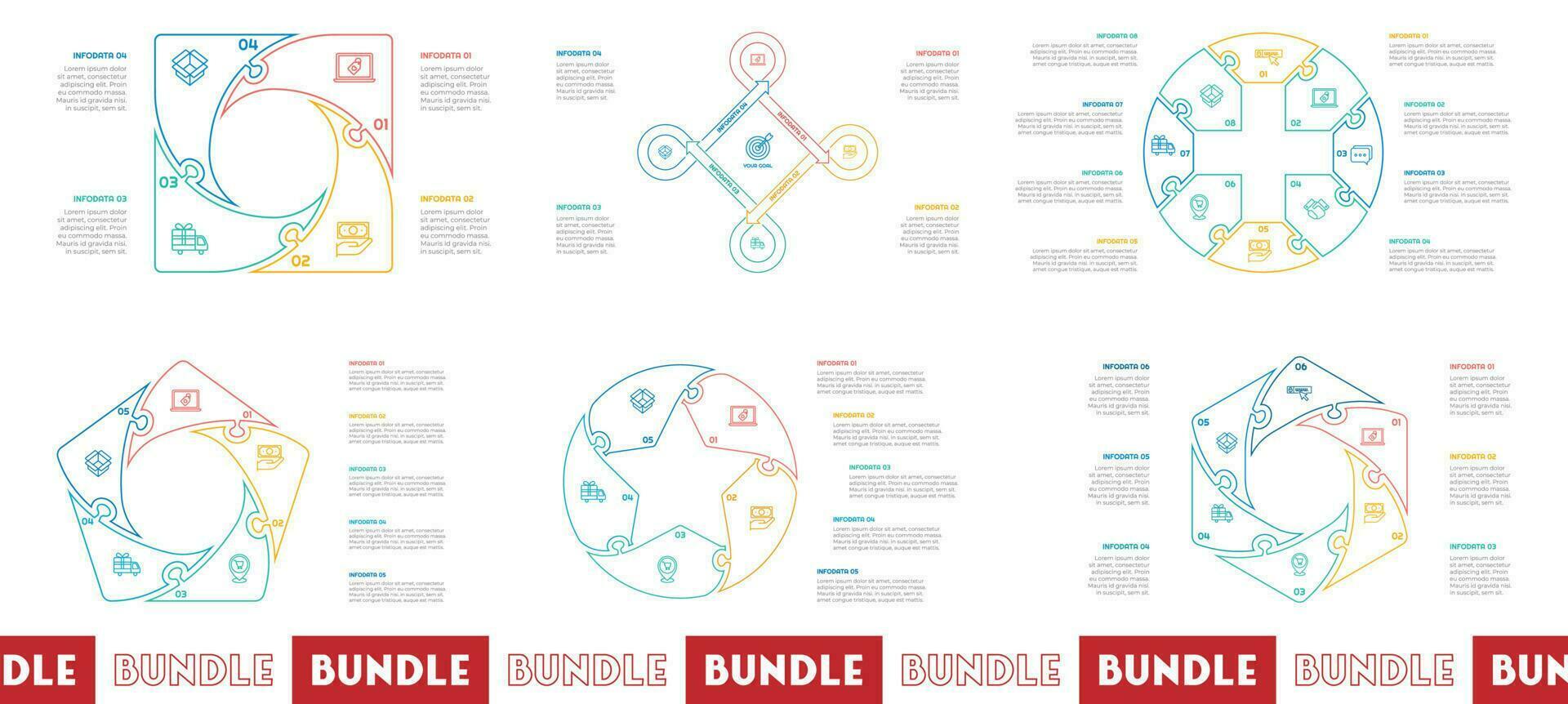 Infographic bundle set with 4, 5, 6, steps, options or processes for workflow layout, diagram, annual report, presentation and web design. vector