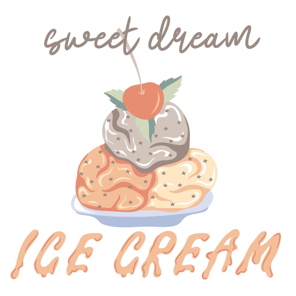 Sweet dream ice cream. Hand drawn three scoop of ice cream with cherry in a cup vector