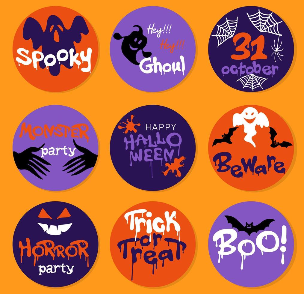 Set of circle Halloween stickers with ghosts, bats and spider webs vector
