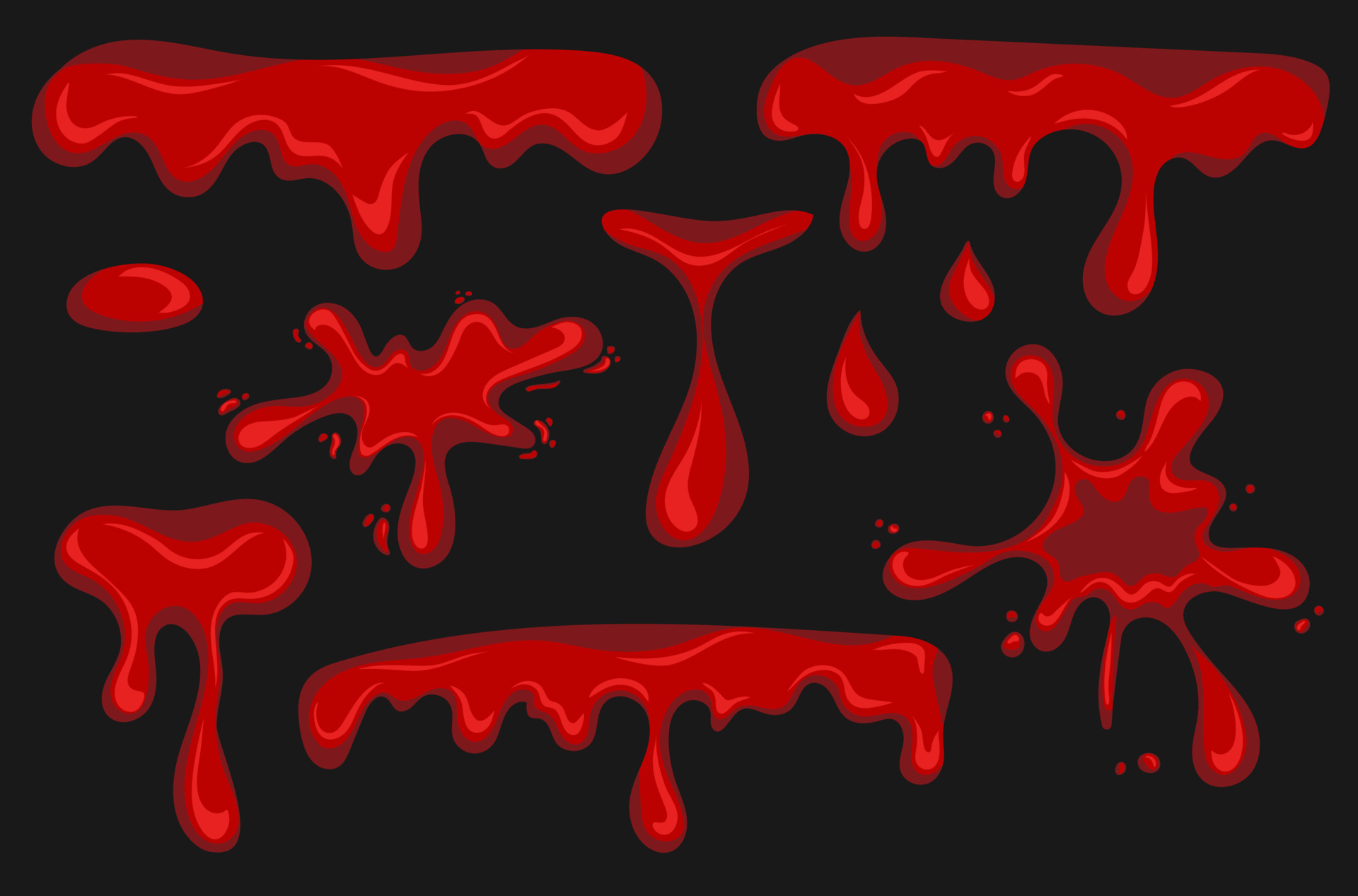 Blood splashes and border. Set of fluid blood drops and blobs 22537453