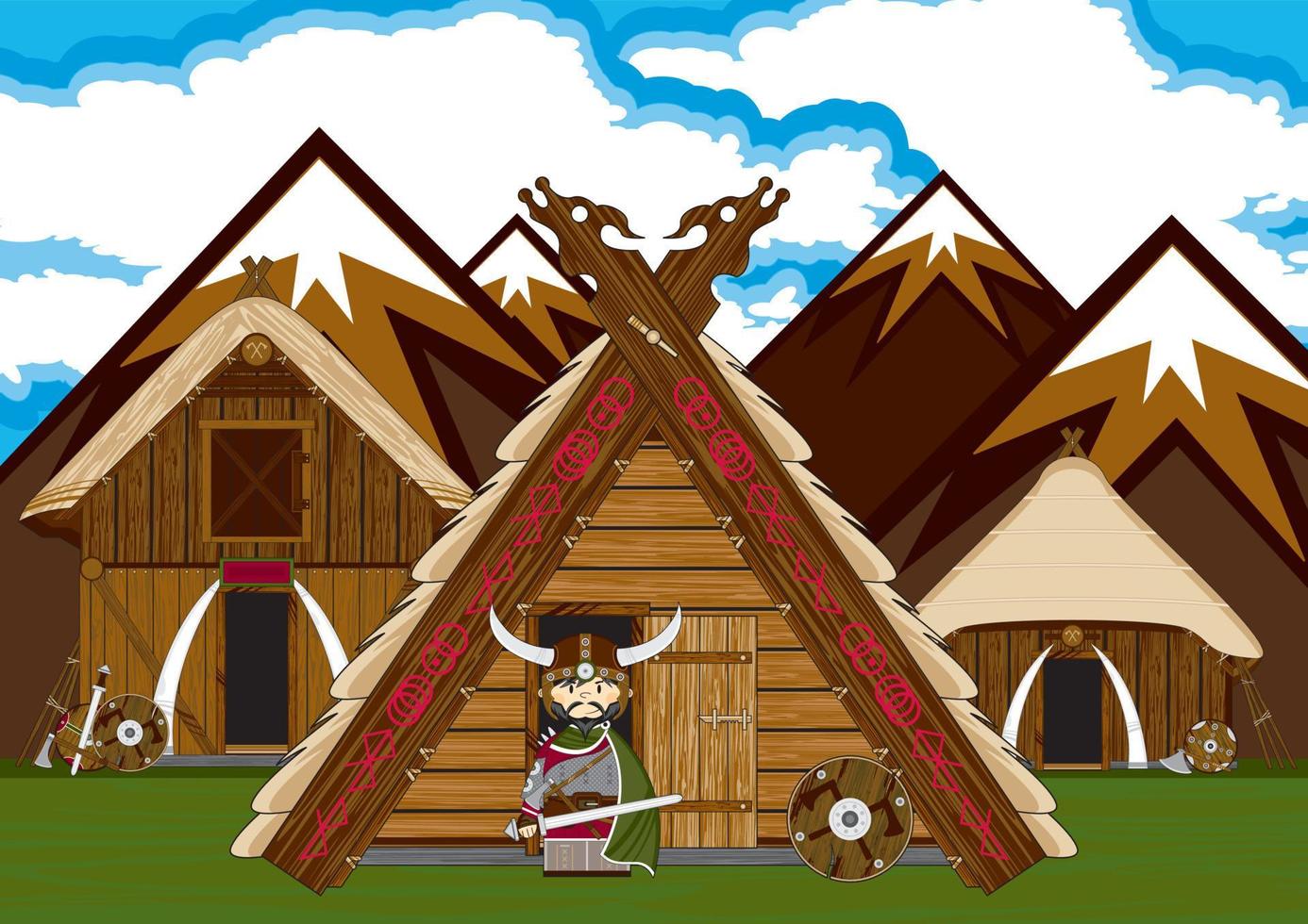 linda dibujos animados vikingo guerreros y granja nórdico historia ilustración vector