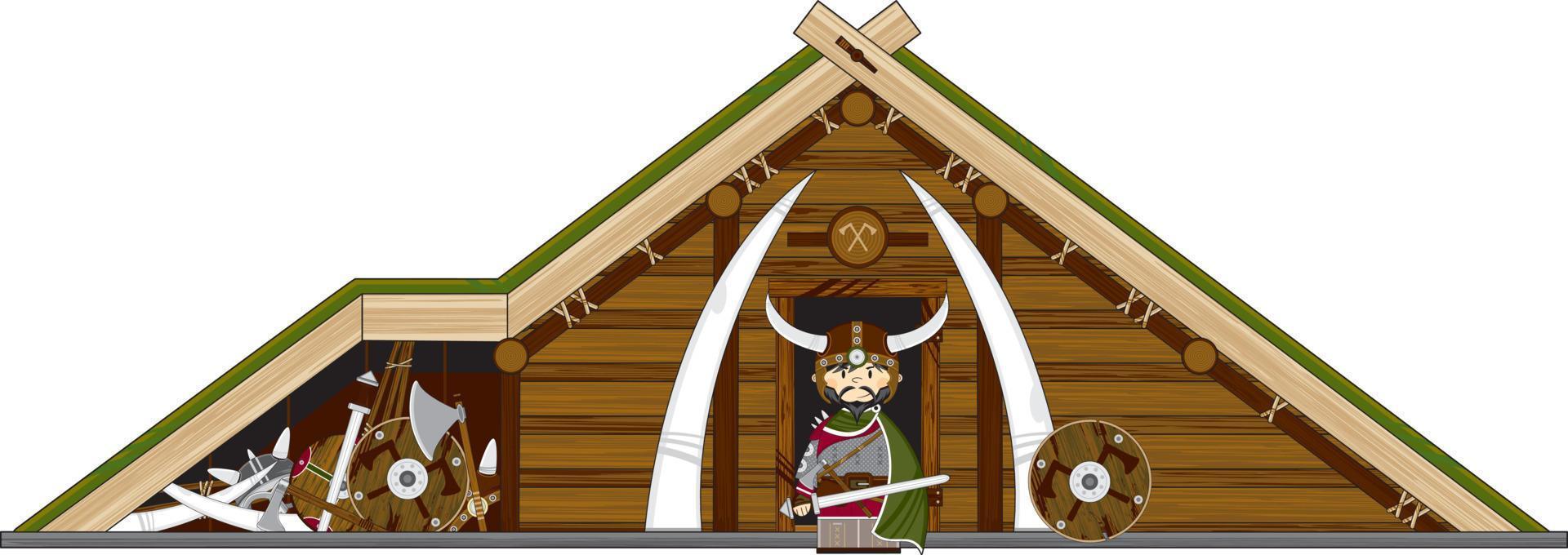 Cute Cartoon Viking Warrior and Homestead Norse History Illustration vector