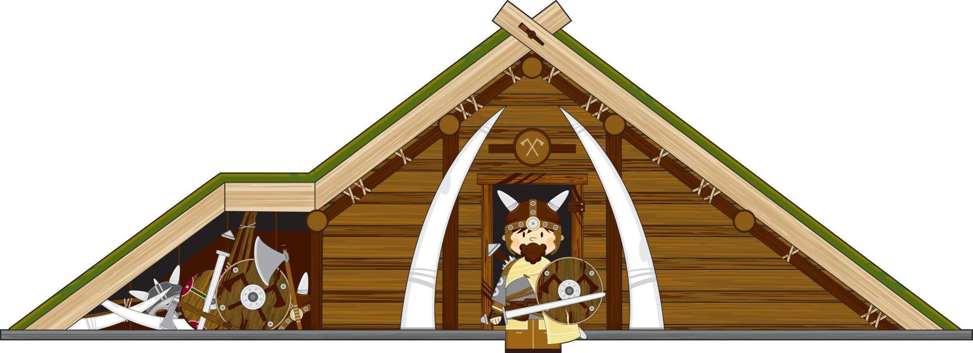 Cute Cartoon Viking Warrior and Homestead Norse History Illustration vector