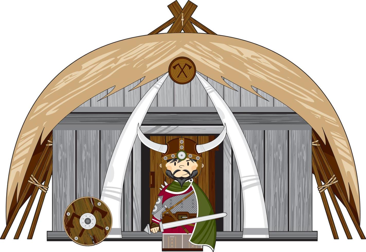 Cute Cartoon Viking Warrior and Homestead Norse History Illustration vector