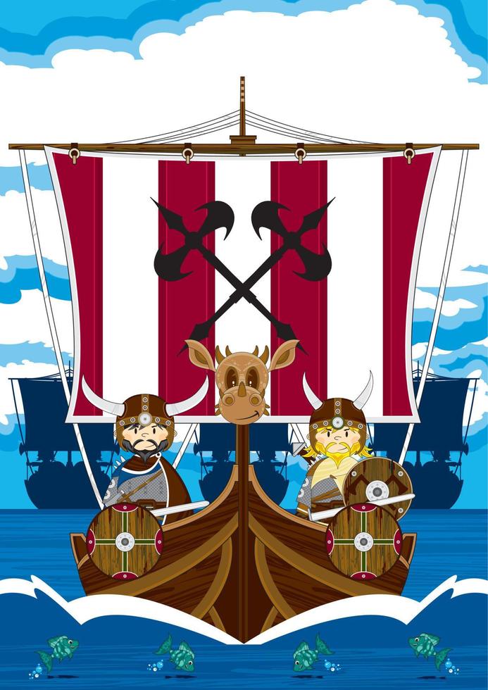 Cute Cartoon Viking Warriors and Longboat Norse History Illustration vector