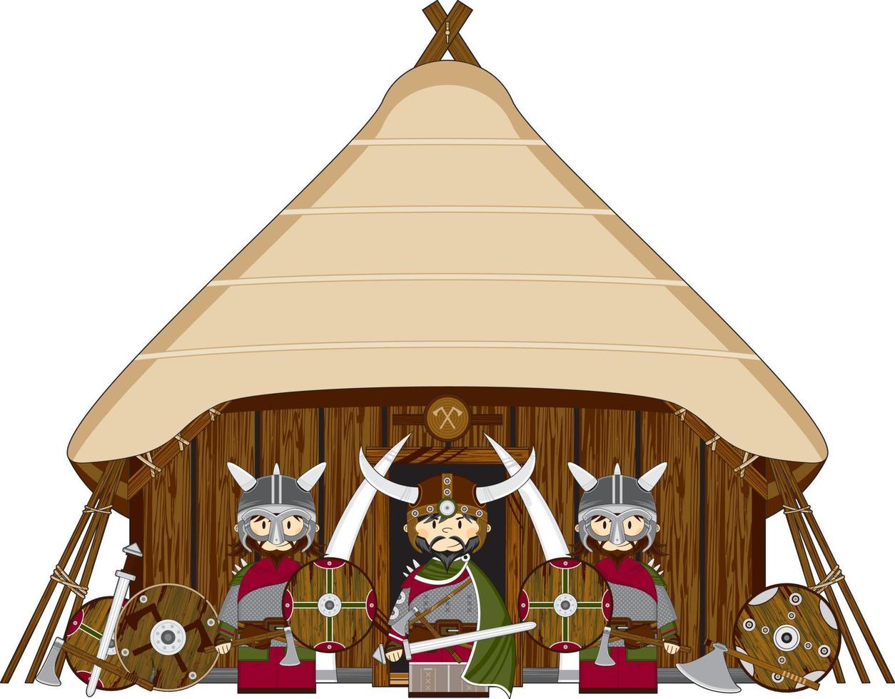 Cute Cartoon Viking Warrior and Homestead Norse History Illustration vector