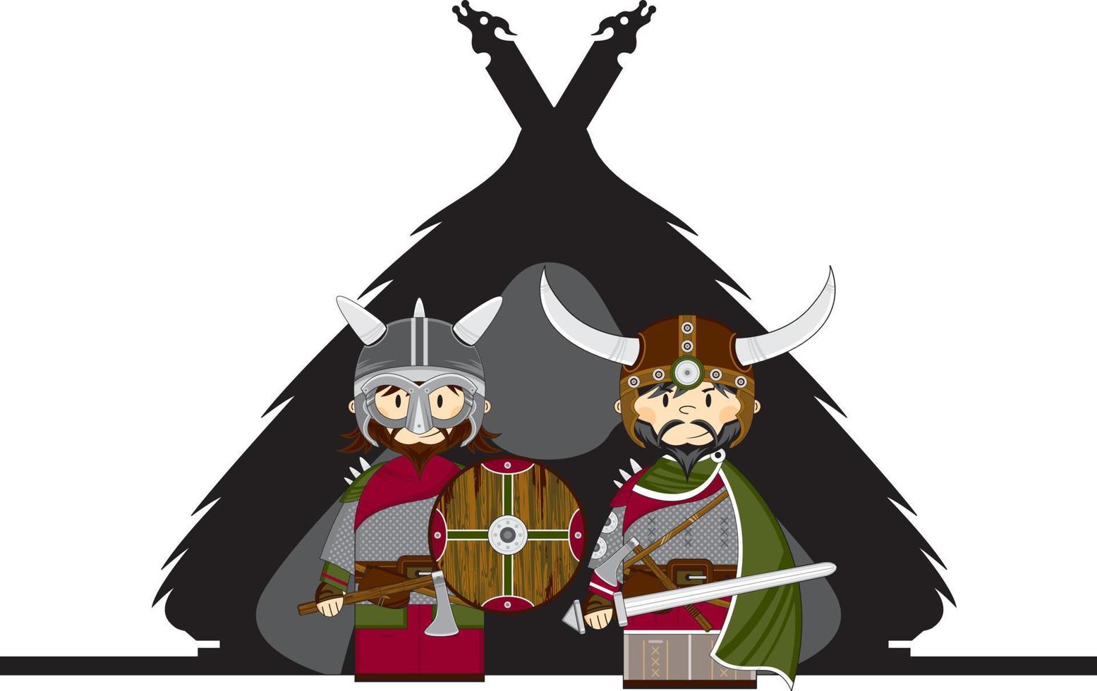 linda dibujos animados vikingo guerreros y granja nórdico historia ilustración vector