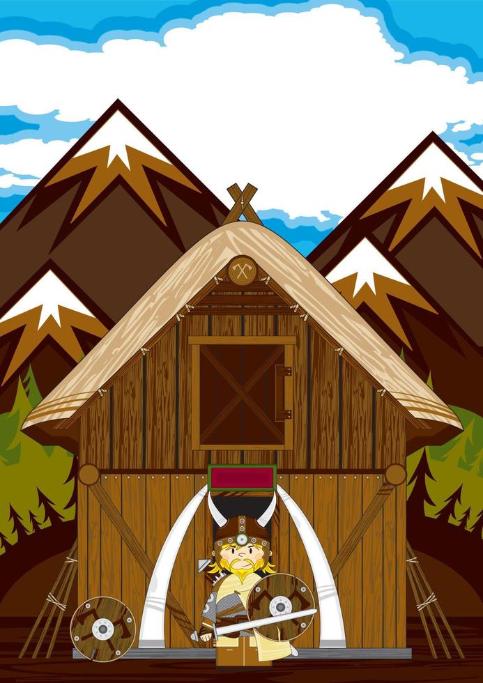 linda dibujos animados vikingo guerreros y granja nórdico historia ilustración vector