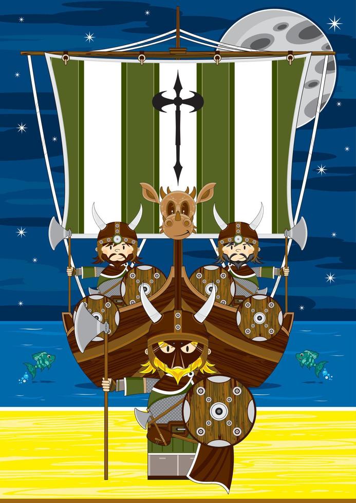 linda dibujos animados vikingo guerreros y lancha nórdico historia ilustración vector