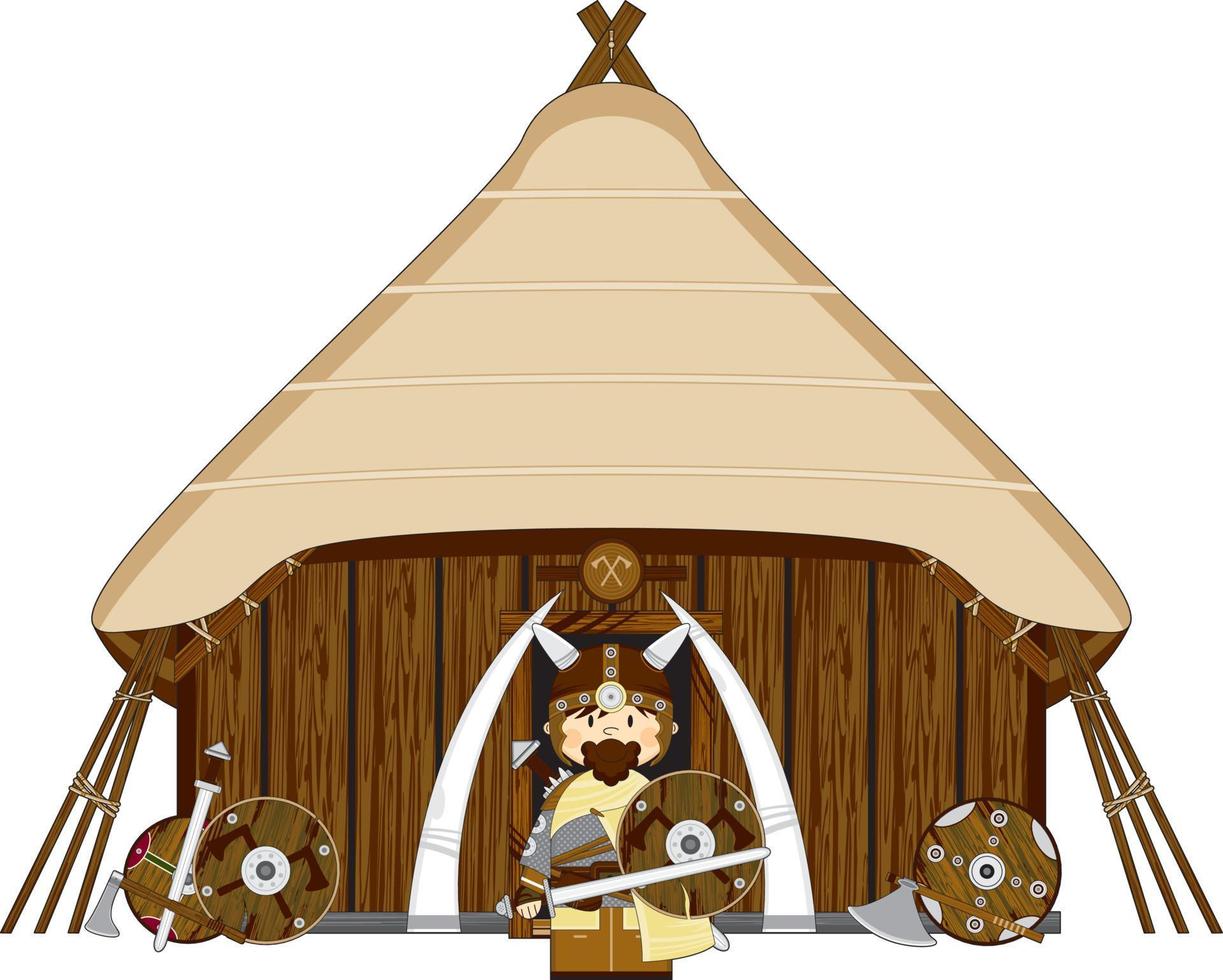 Cute Cartoon Viking Warrior and Homestead Norse History Illustration vector