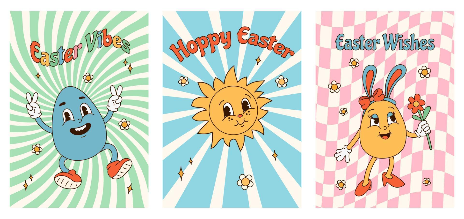 Set posters or cards for Happy Easter. Groovy egg characters in retro cartoon style of 60s 70s on different backgrounds. Sun, girl egg, jumper. Flat vector illustration.