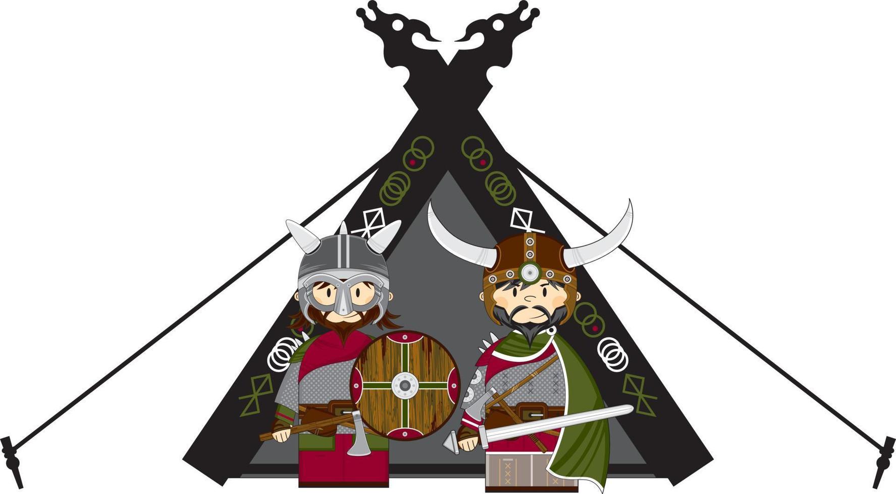 linda dibujos animados vikingo guerrero y tienda nórdico historia ilustración vector