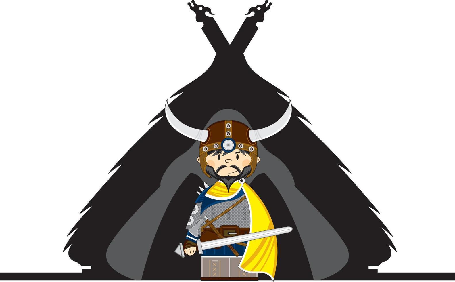 Cute Cartoon Viking Warrior and Tent Norse History Illustration vector