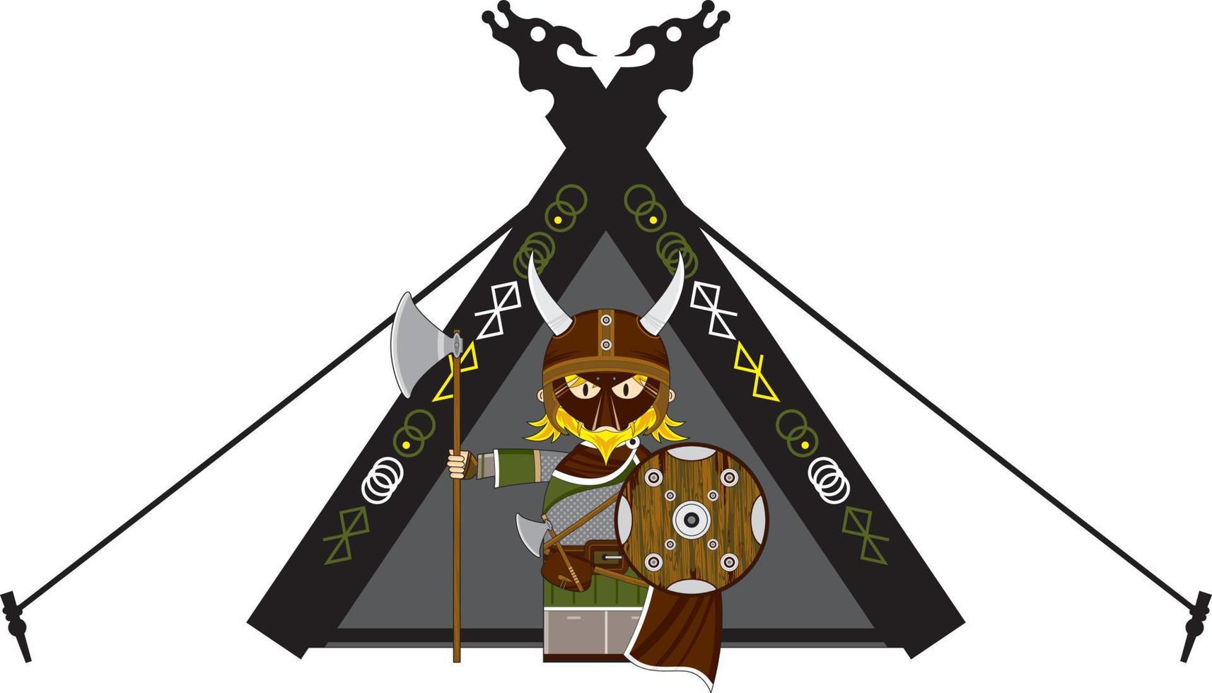 Cute Cartoon Viking Warrior and Tent Norse History Illustration vector