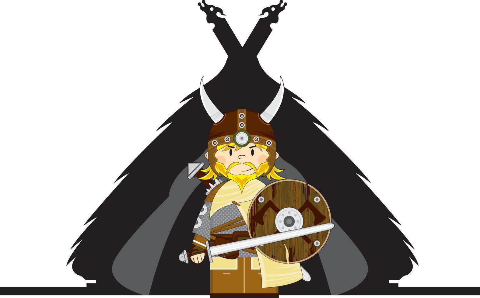 Cute Cartoon Viking Warrior and Homestead Norse History Illustration vector