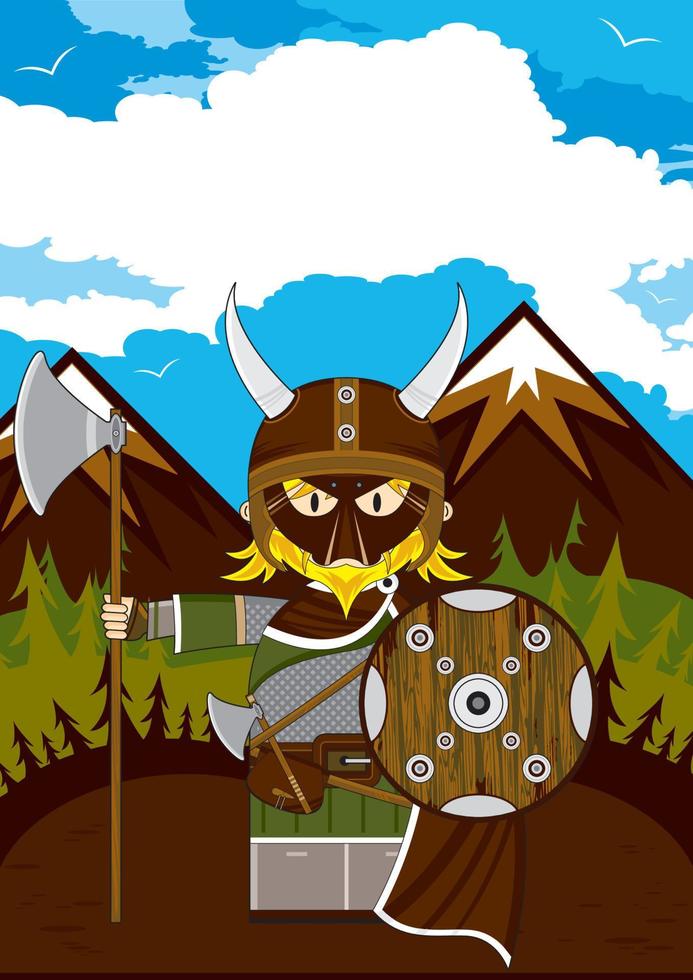 linda dibujos animados enmascarado vikingo guerrero nórdico historia ilustración vector