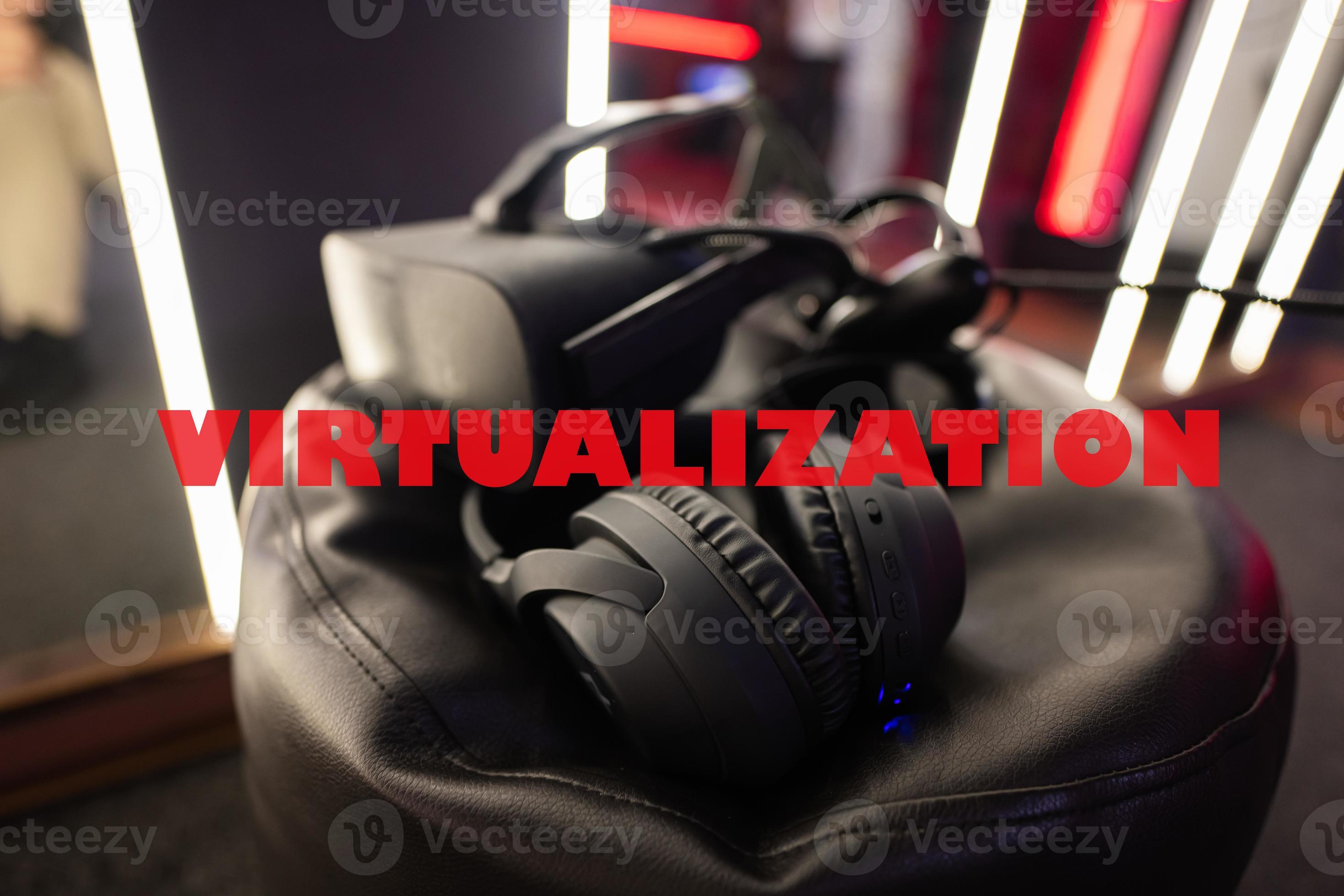 Virtualization concept. Professional headphones with microphone and vr