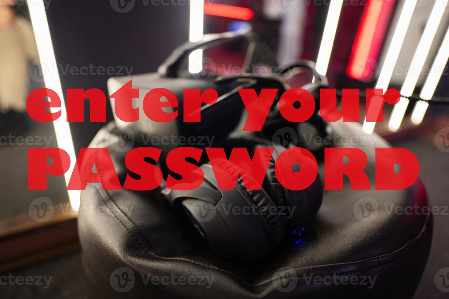 Enter your password concept. Professional headphones with microphone and vr glasses for video games and cyber sports on background. photo