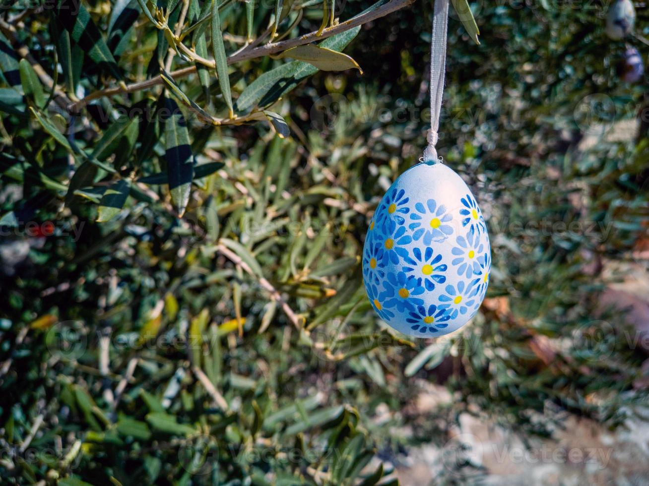 Easter Eggs on the trees. Traditional bulgarian national decoration for Easter. photo