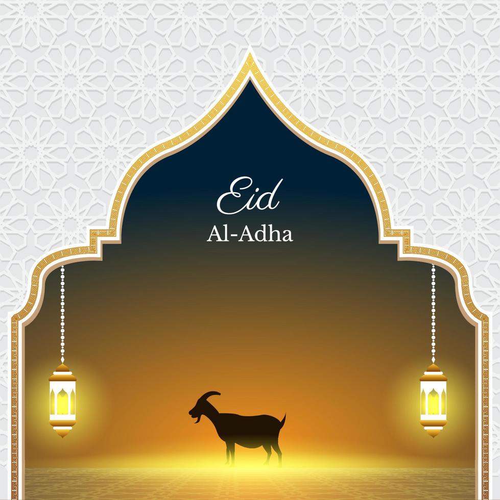 Eid Al Adha background in white and gold color with islamic pattern decoration, sheep and lantern. islamic vector illustration