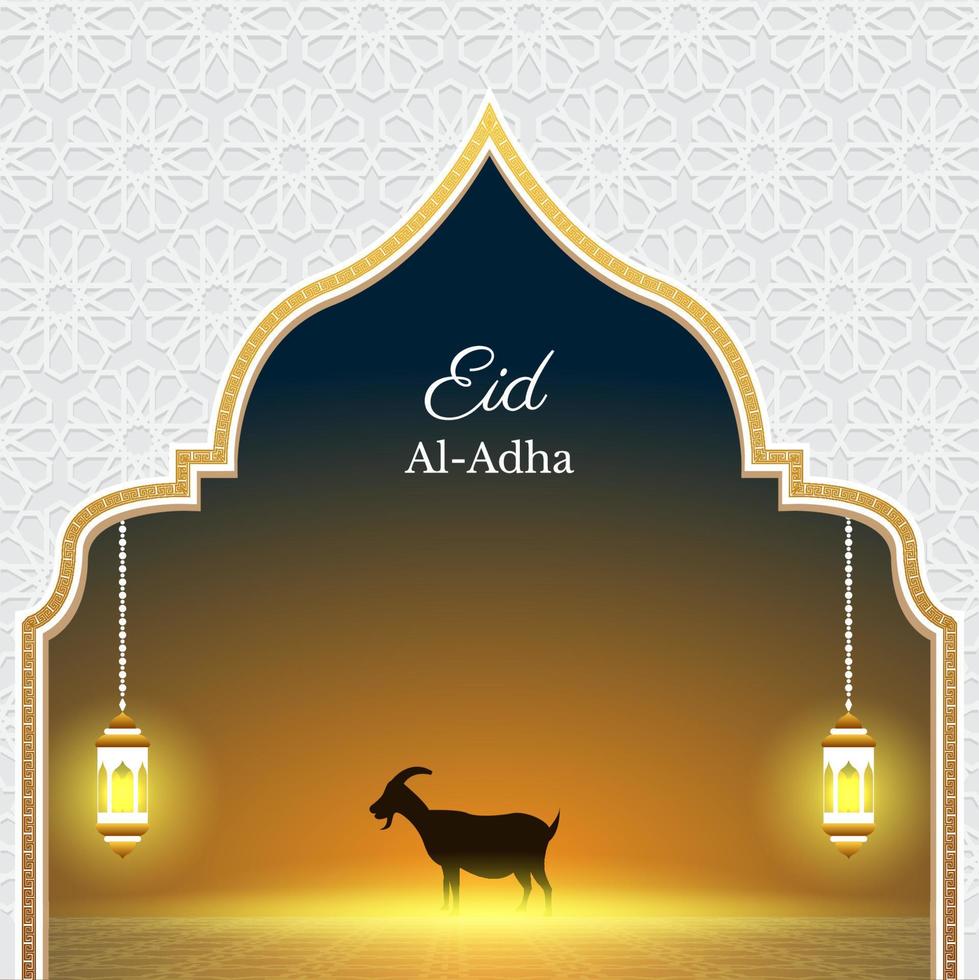 eid Alabama adha antecedentes en blanco y oro color con islámico modelo decoración, oveja y linterna. islámico vector ilustración