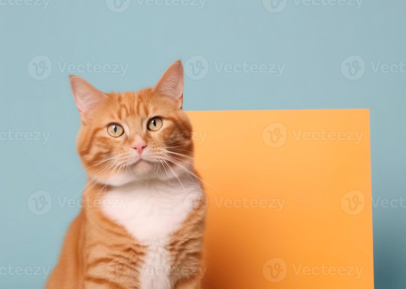 A cute tabby orange cat with blank board on isolated pastel background, playful and adorable pet, photo
