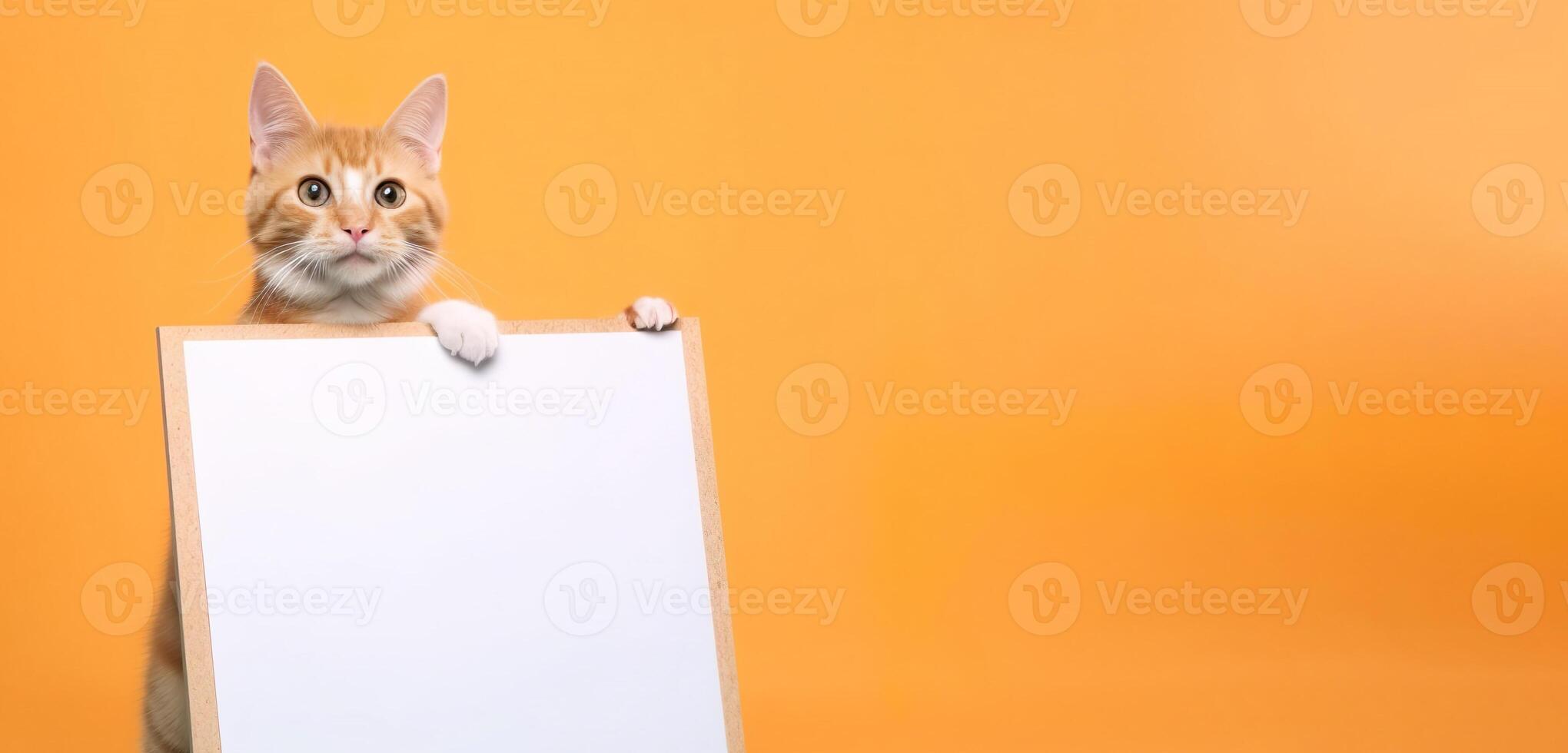 A cute tabby orange cat with blank whiteboard on isolated orange color banner background, playful and adorable pet, photo