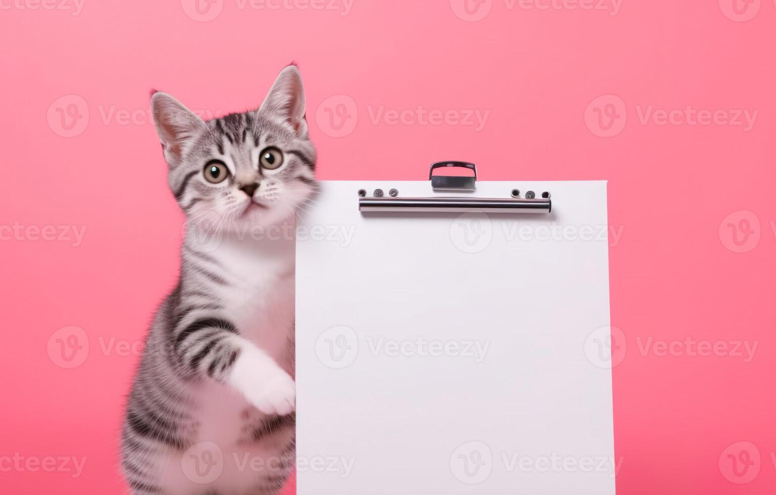 A cute cat with blank whiteboard on isolated pink pastel background, playful and adorable pet, photo