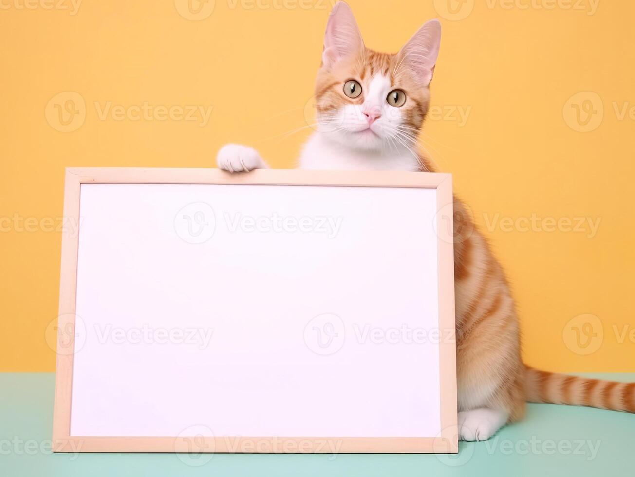 A cute tabby orange cat with blank whiteboard on isolated pastel background, playful and adorable pet, photo