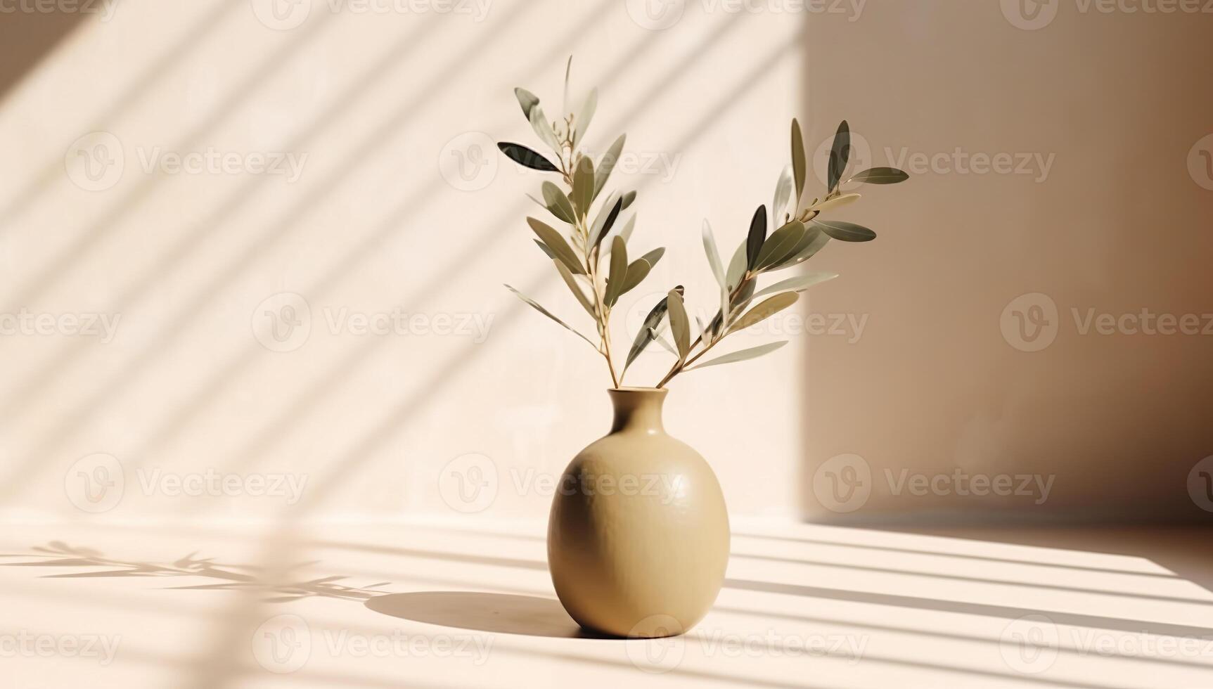 Modern summer minimal of olive tree branch in sunlight with long shadows on beige wall background, copy space interior lifestyle Mediterranean scene, photo