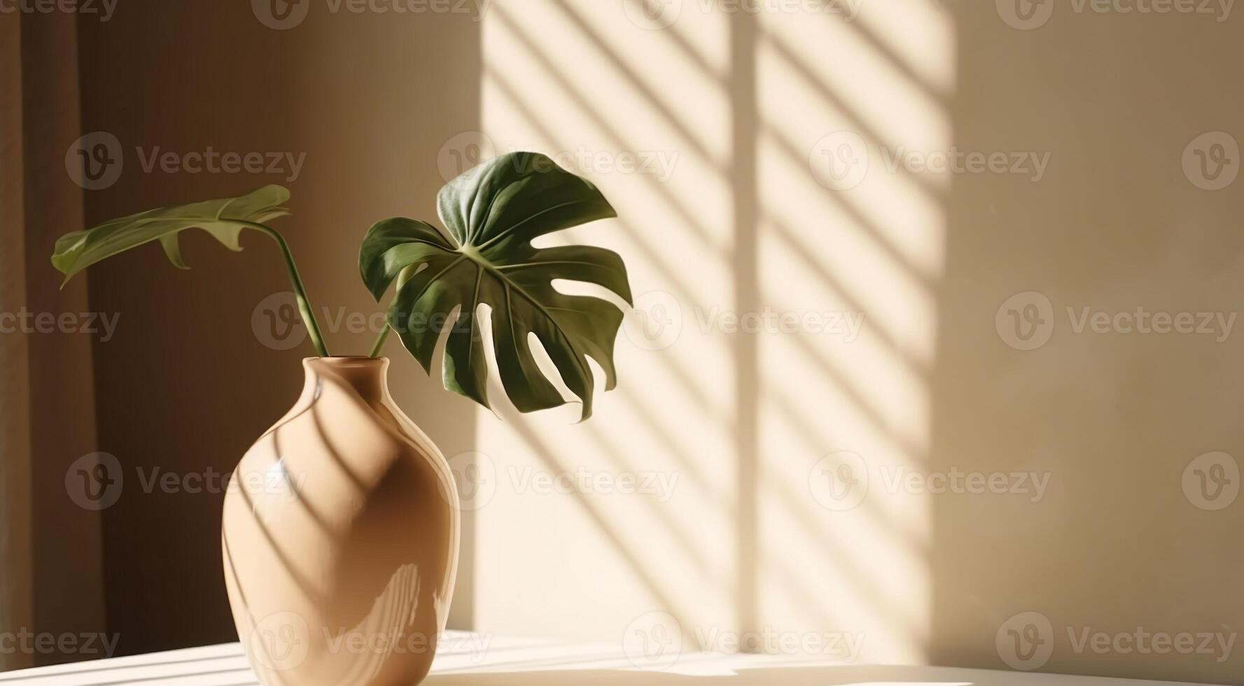 Modern summer minimal of monstera plant branch in sunlight with long shadows on beige wall background, copy space interior lifestyle Mediterranean scene, photo