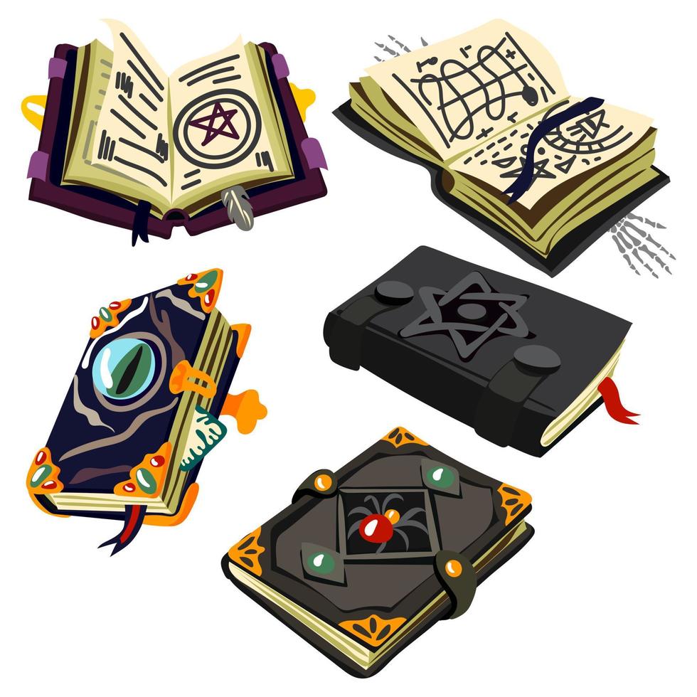 A set of books with magic spells, witchcraft, curses. Fantastic grimoires on alchemy, Ancient volumes of Fairy tales or games with esoteric recipes and Mystical Charms. Cartoon vector illustration