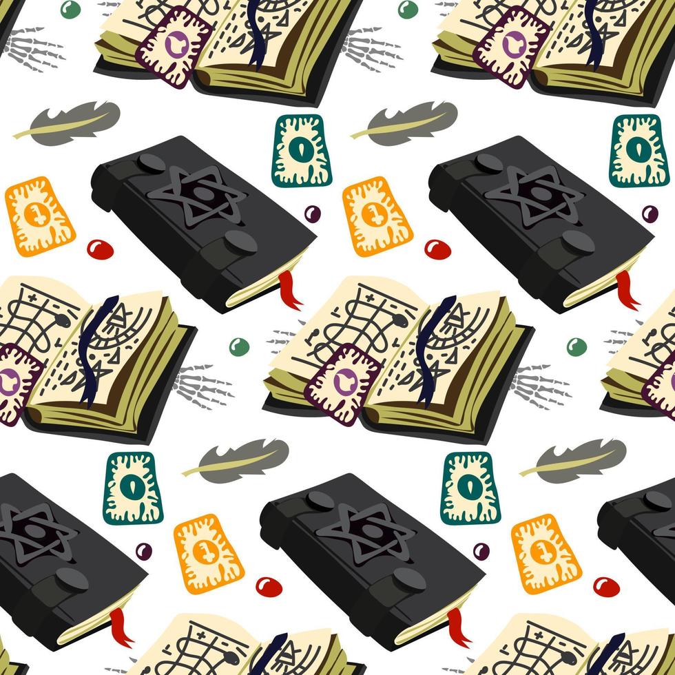 A pattern with magic books and various details. Records on alchemy, ancient volumes with esoteric recipes and mystical charms. Suitable for printing on textiles and paper. Gift wrapping for Halloween vector