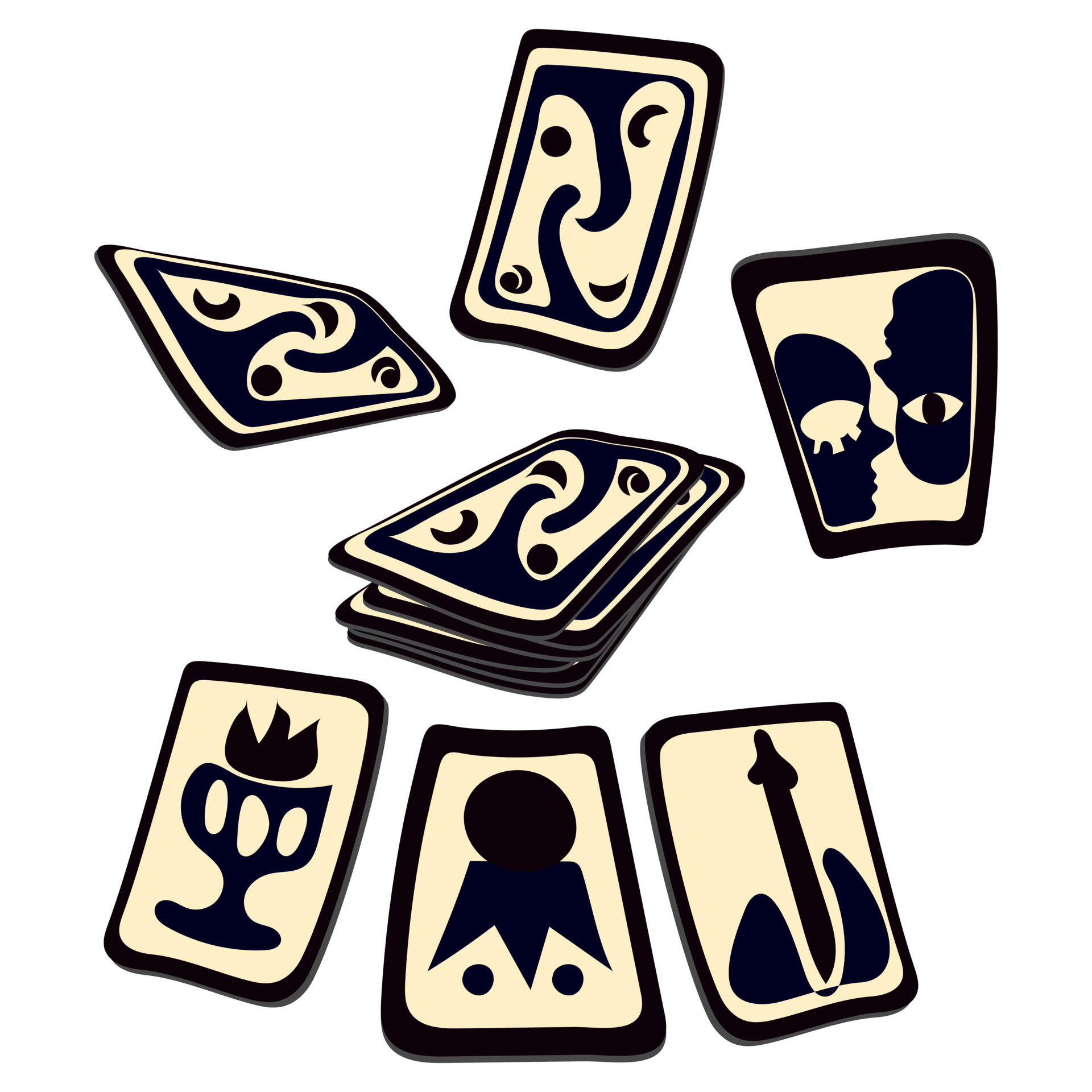 A set of cards in a stack, in a scatter, the front and