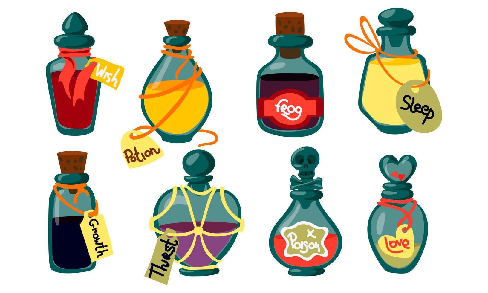 Potion bottles with magic elixir and tags, cartoon glass flasks with unknown witch poisons. Vector illustration of alchemical vials hand-drawn. Witch potions for Halloween magic. Collection of glass