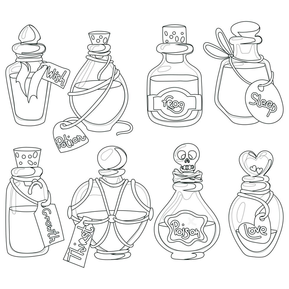 Potion bottles with magic elixir and tags, cartoon glass flasks with unknown witch poisons in contour style. Vector illustration of alchemical bottles drawn by hand. Witch potions for Halloween magic