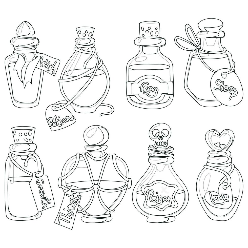 poción botellas con magia elixir y etiquetas, dibujos animados vaso matraces con desconocido bruja venenos en contorno estilo. vector ilustración de de alquimia botellas dibujado por mano. bruja pociones para Víspera de Todos los Santos magia