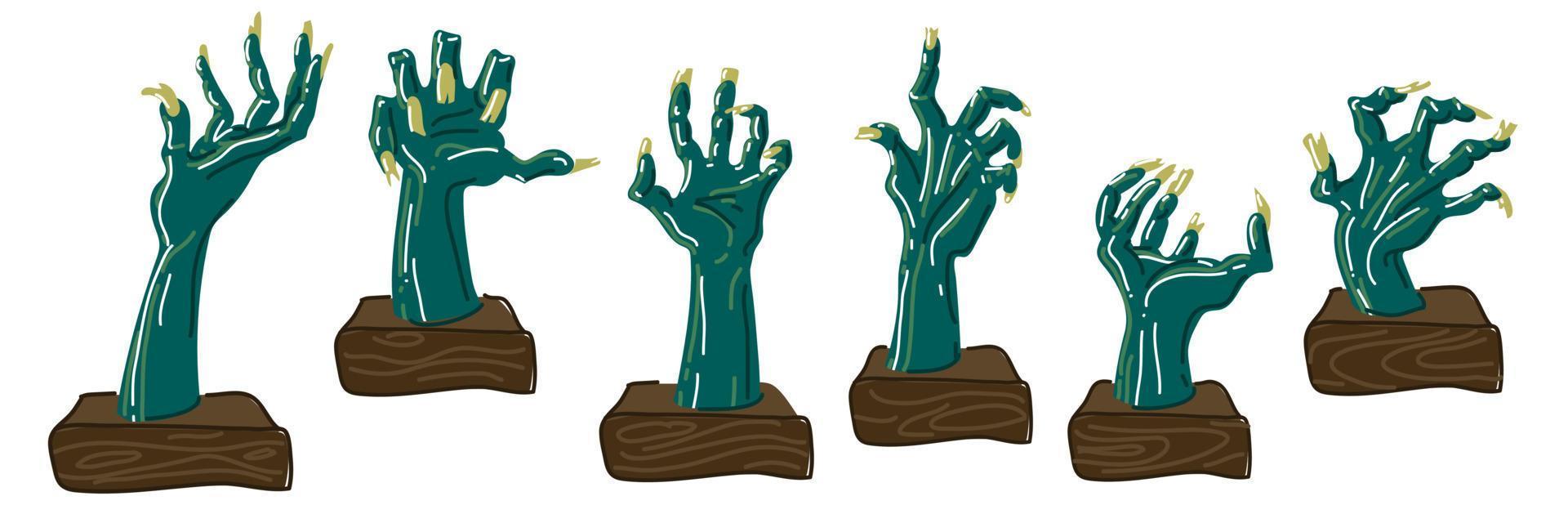 A set of zombie hands in retro style with highlights and wooden stands on a white background. An isolated collection of dead dried blue hands with injuries. Printing postcards for Halloween parties vector