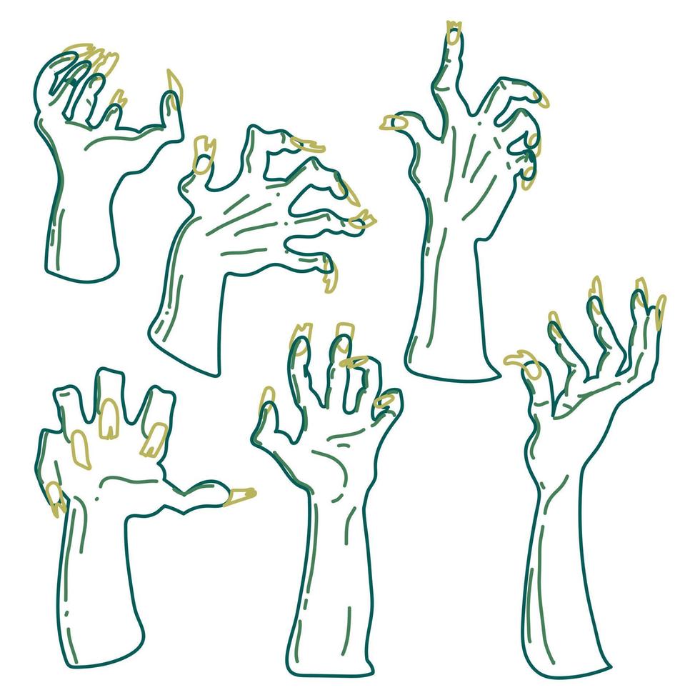 A set of zombie hands in linear style on a white background. An isolated collection of rotten blue hands. Hands from the graves. Printing for Halloween party cards, T-shirts, stickers, mugs Individual vector