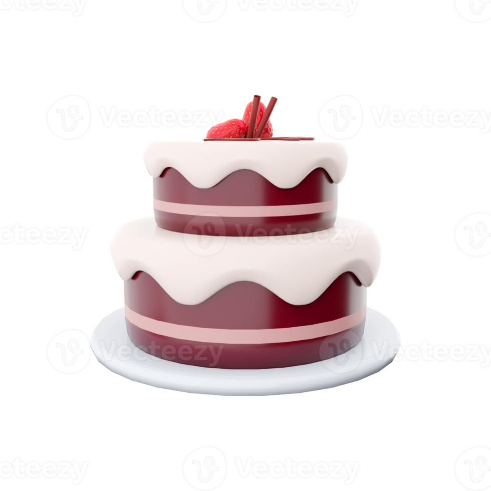 3d rendering cake chocolate with red strawberries toppings icon. 3d render two tiered sweet cake icon. Cake chocolate with red strawberries toppings. png