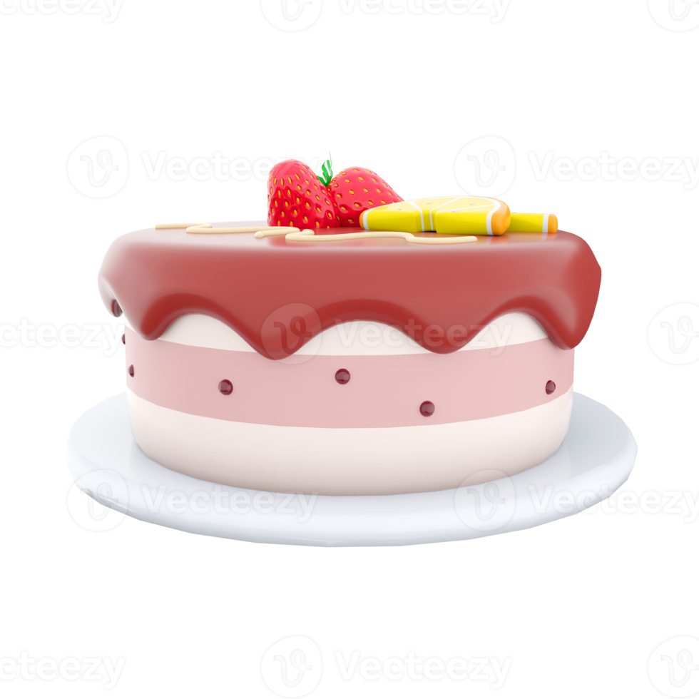 3d rendering cake with peace of lemon and strawberry on top icon.3d render cake with chocolate icing with lemon and strawberries on top icon. Cake with peace of lemon and strawberry on top. png