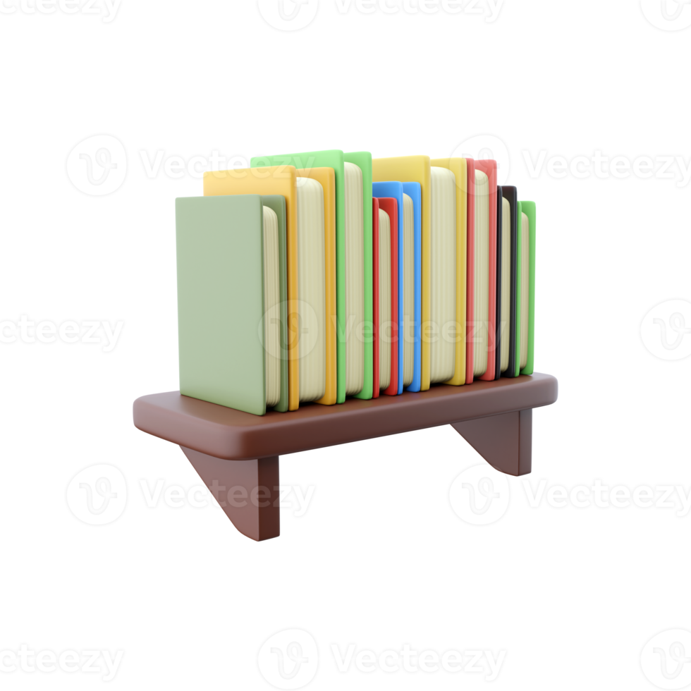 3D rendering of books on a shelf in different colors. 3d rendering, books, bookshelf icon png