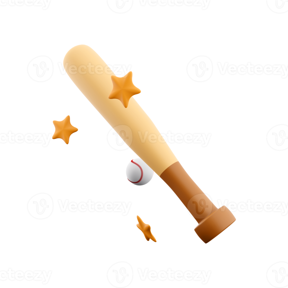 3d rendering baseball ball and bat with stars around icon. 3d render hitting the ball with a bat icon. png