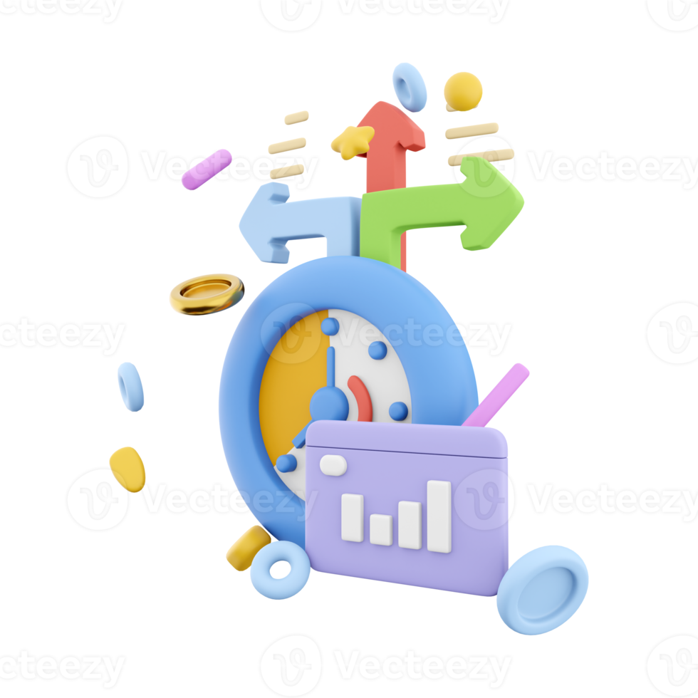 3d tolkning timer med tillväxt histogram och pilar ikon. 3d framställa stoppur tid resultat tecken ikon. timer med tillväxt histogram och pilar. png